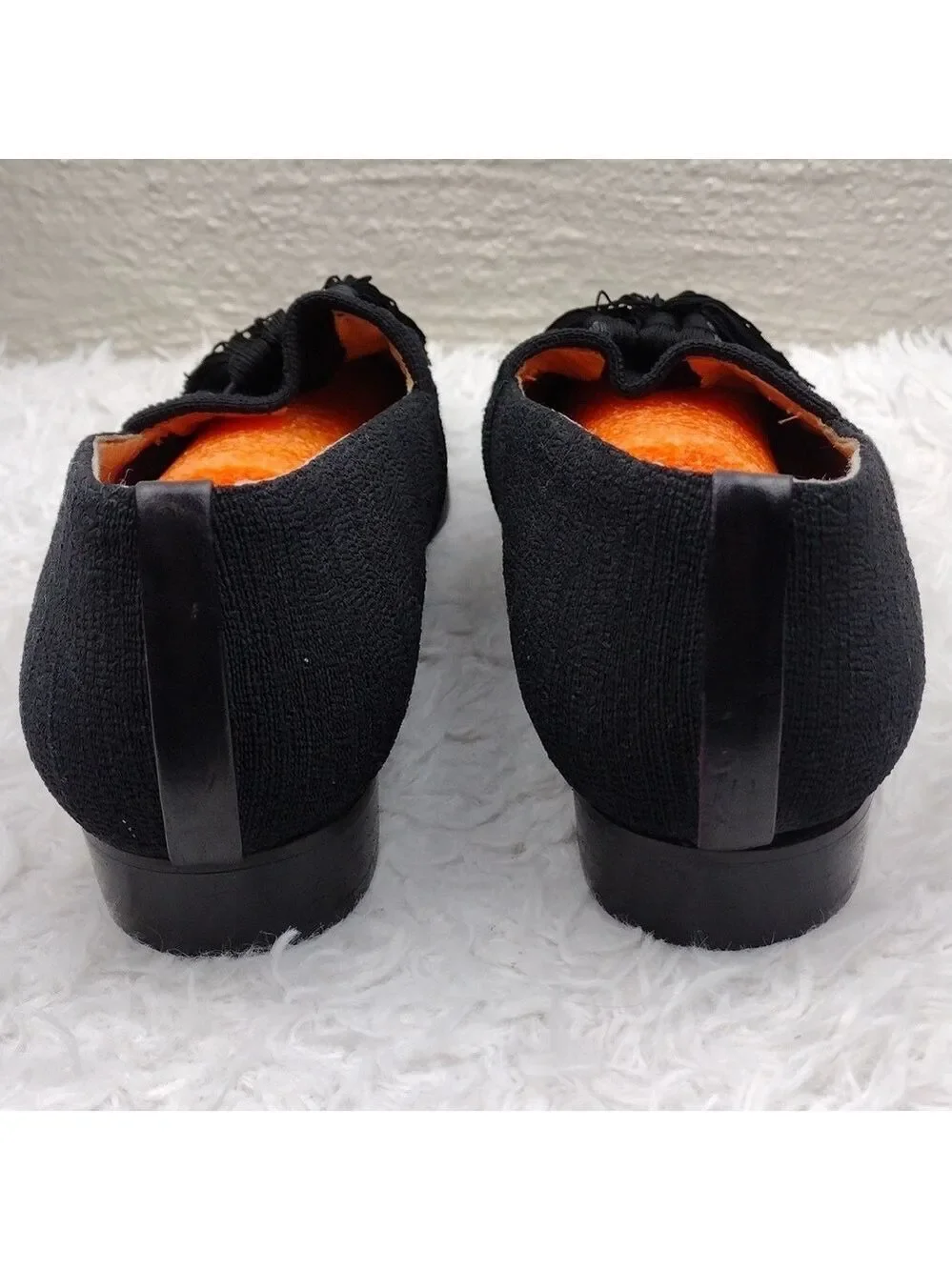 Stuart Weitzman Black Fabric Upper Almond Toe Low Heel Tassel Loafer Shoe